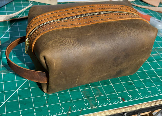 Handcrafted leather shaving kit bag with liner