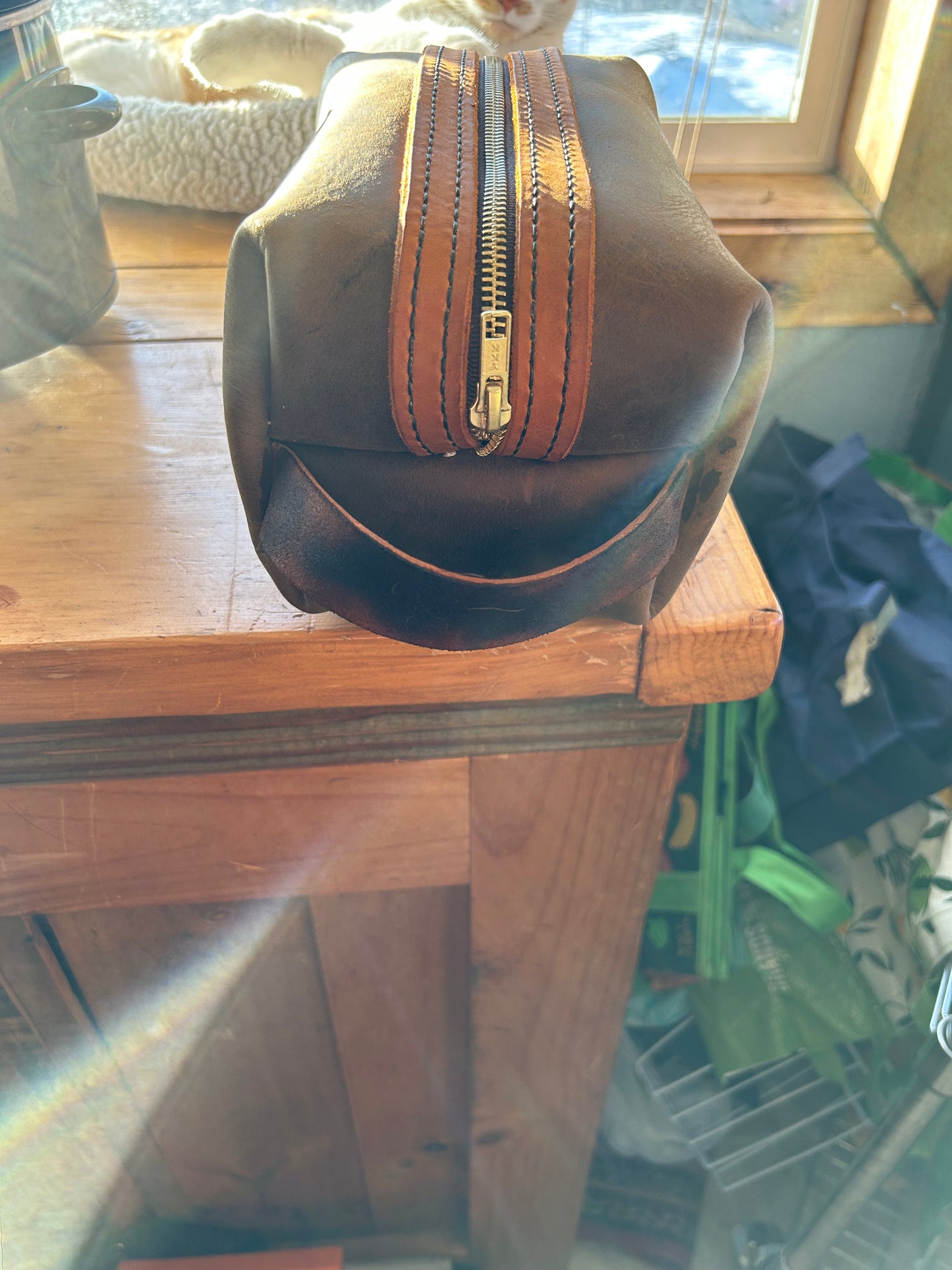 Handcrafted leather shaving kit bag with liner